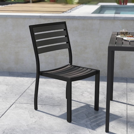 Flash Furniture Lark Outdoor Stackable Side Chair w/Faux Gray Wash Teak Poly Slats XU-DG-HW6036-GY-GG